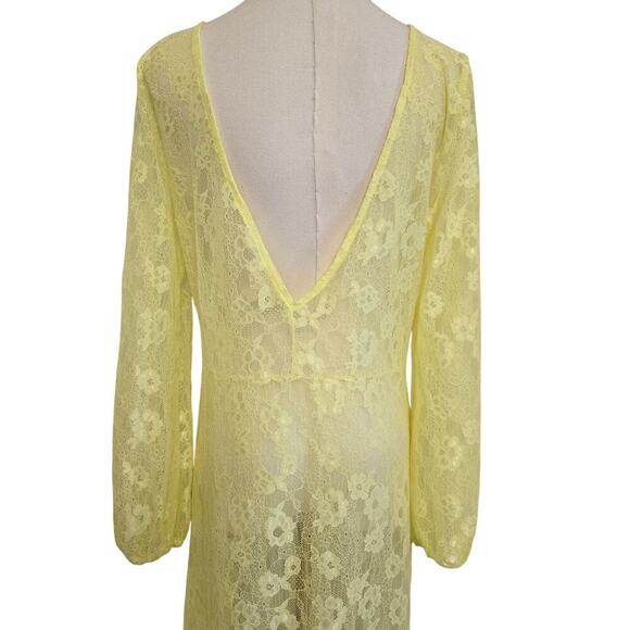 Open Edit Yellow Floral Sheer Lace Maxi Dress M Deep V Back Cottage Boho Y2K - Picture 6 of 11